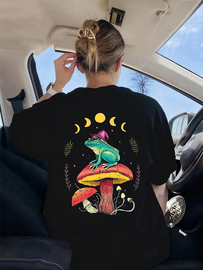 Goblincore Froschmagier auf Pilz Drucke T-Shirts Damen Sommer Kurzarm Tops Weiche T-Shirts Basics Locker Damen Streetwear