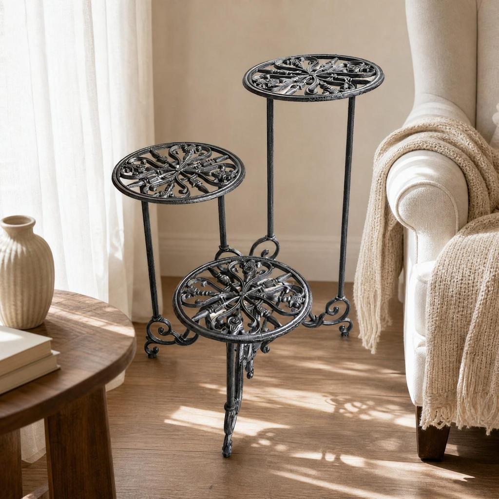 Ornate Metal Plant Stand with Scroll Detailing Multifunctional for Entryway