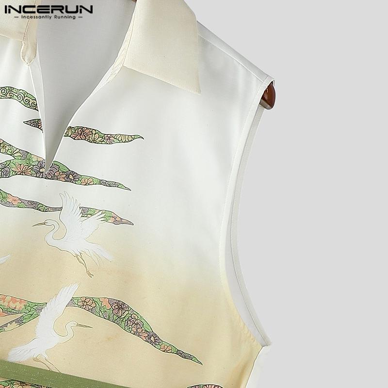 INCERUN Men Lapel Neck Sleeveless Fake Two-piece Print Casual Tank Tops