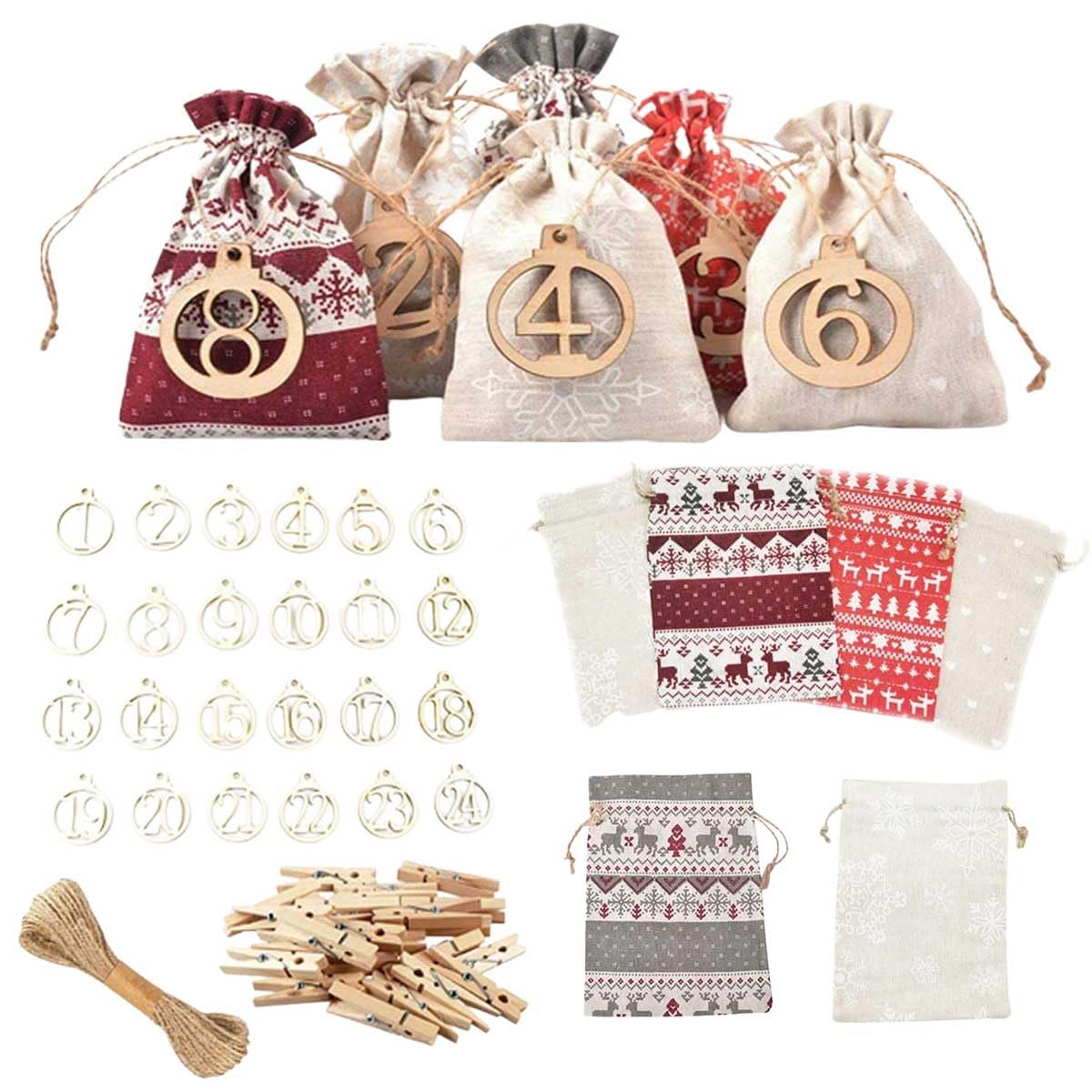 

iikuru Набор Адвент-календаря Рождественский Маленький Маленький Адвент Рождественский Набор Гобелена, Елка, Мешочек, Украшения, Орнаменты, Гирлянда, (YA180) кремовый