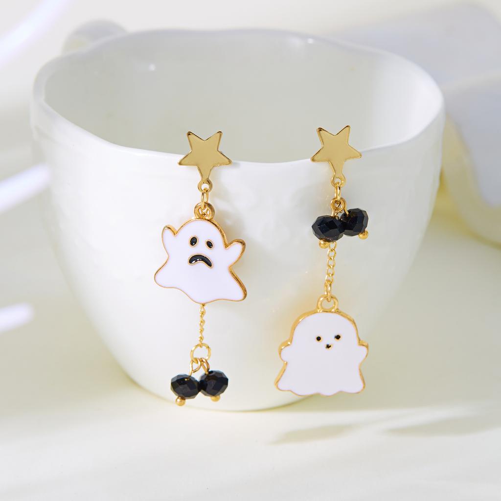 Cute Halloween White Ghost Drop Earrings for Women Cartoon Bat Spider Web Cat Pumpkin Star Tassel Dangle Earring Party Jewelry