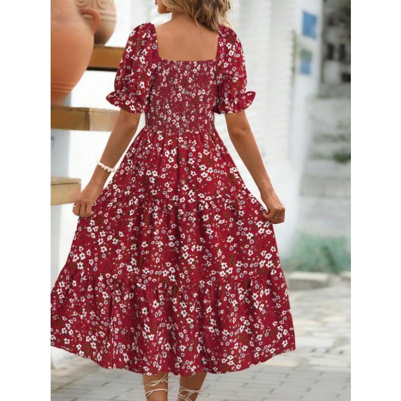 Women's Printed Square Neck Waisted Bubble Sleeve Layered Dresses