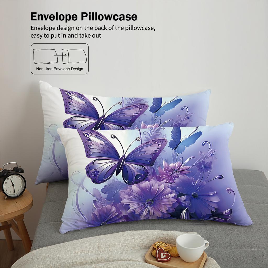 3-teiliges modisches Bettwäscheset mit lila Schmetterlingsmuster, weich und bequem, für Damenschlafzimmer, Queen-, King- und Einzelbetten