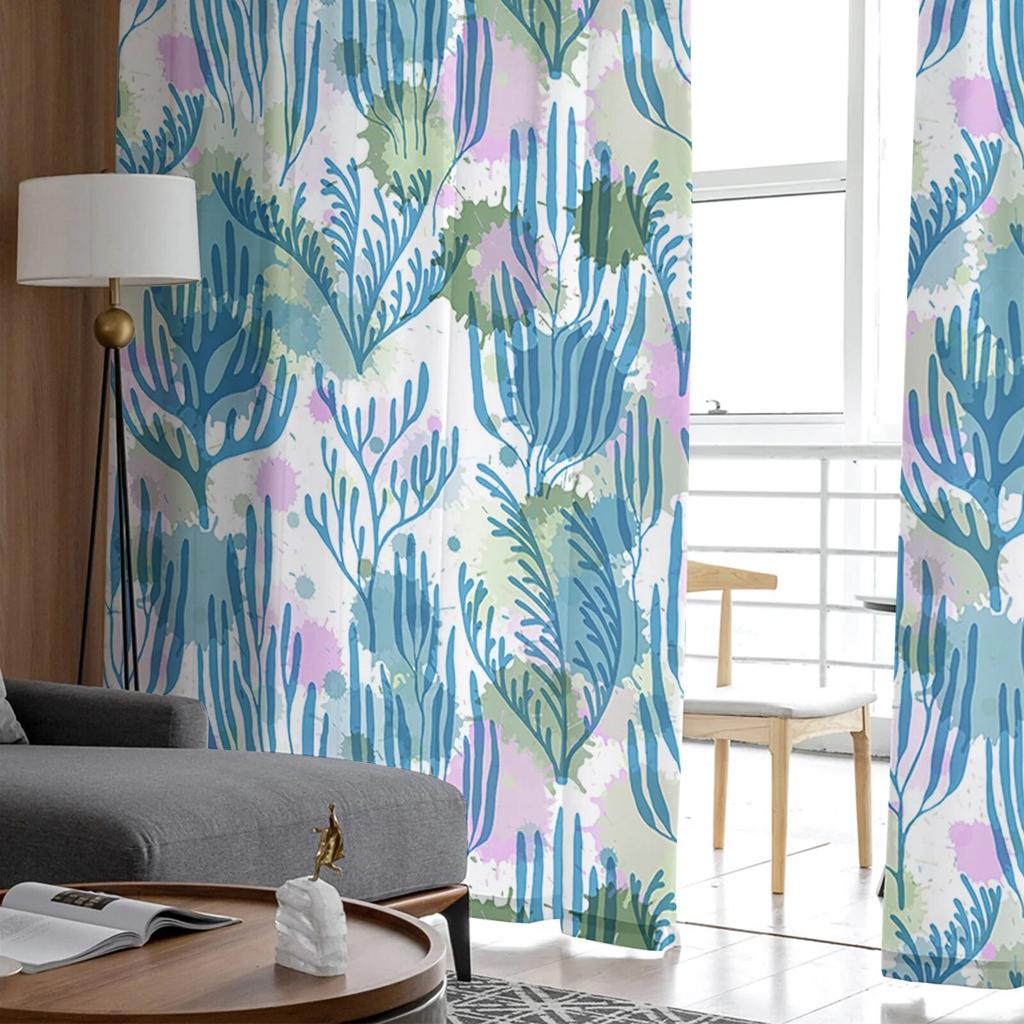Seagrass Coral Ocean Watercolor Sheer Curtains Transparent Voile Tulle for Bedroom Window Holiday Decoration