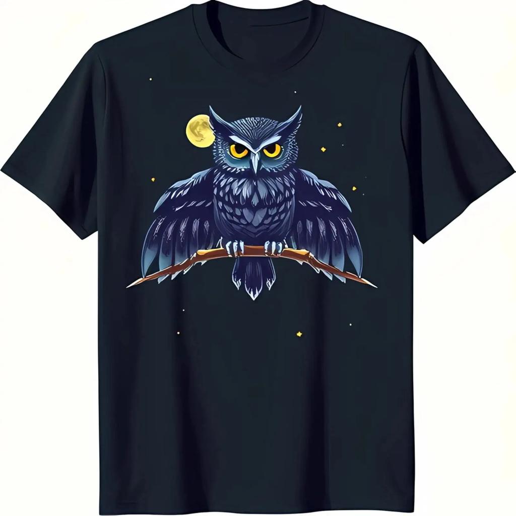 Stunning Black T Shirt With Intricate Nocturnal Owl Amp Night Sky Design Vintage Versatile Casual Stretched