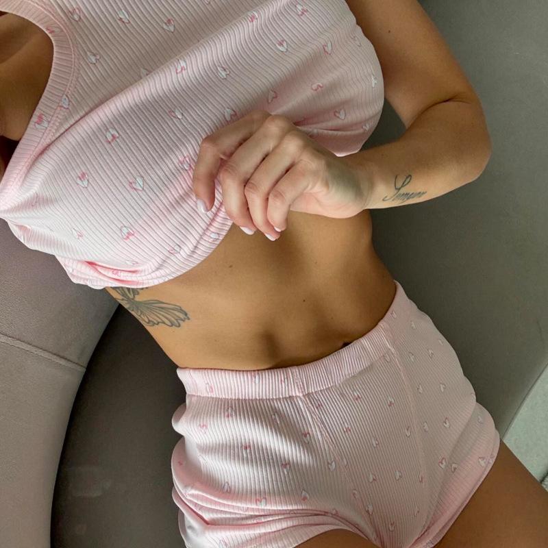 2025 Summer Ladies Casual Printing Lotus Leaf Short-sleeved Round Neck Vest Shorts Homewear Set