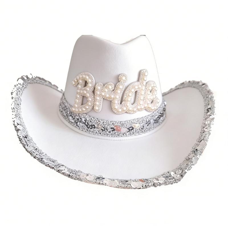 

Sparkling Sequined Trim Bride Cowboy Cap Sequined Trim Fedoras for Wedding белый