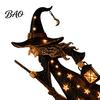 Rustic Festive Desk Accessory Halloween Witch Figurine with Star Light, Resin Tabletop Nightlight Lantern, Collectible Wizard Hat Broom Statue