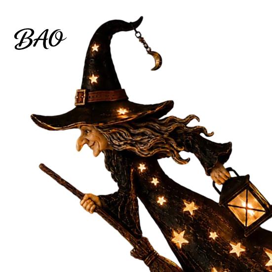 Rustic Festive Desk Accessory Halloween Witch Figurine with Star Light, Resin Tabletop Nightlight Lantern, Collectible Wizard Hat Broom Statue