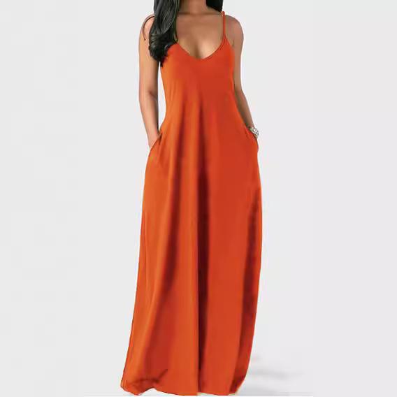 2022 European Summer Plus Size Women's Solid Color Deep V Spaghetti Strap Long Dress