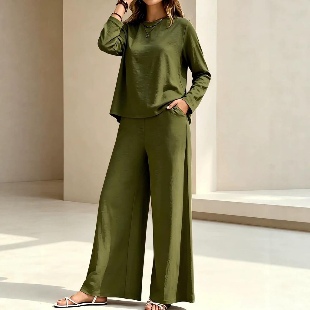1116 spring and summer new TEMU women's clothing round neck long sleeve high waist wide leg pants fashion casual suit