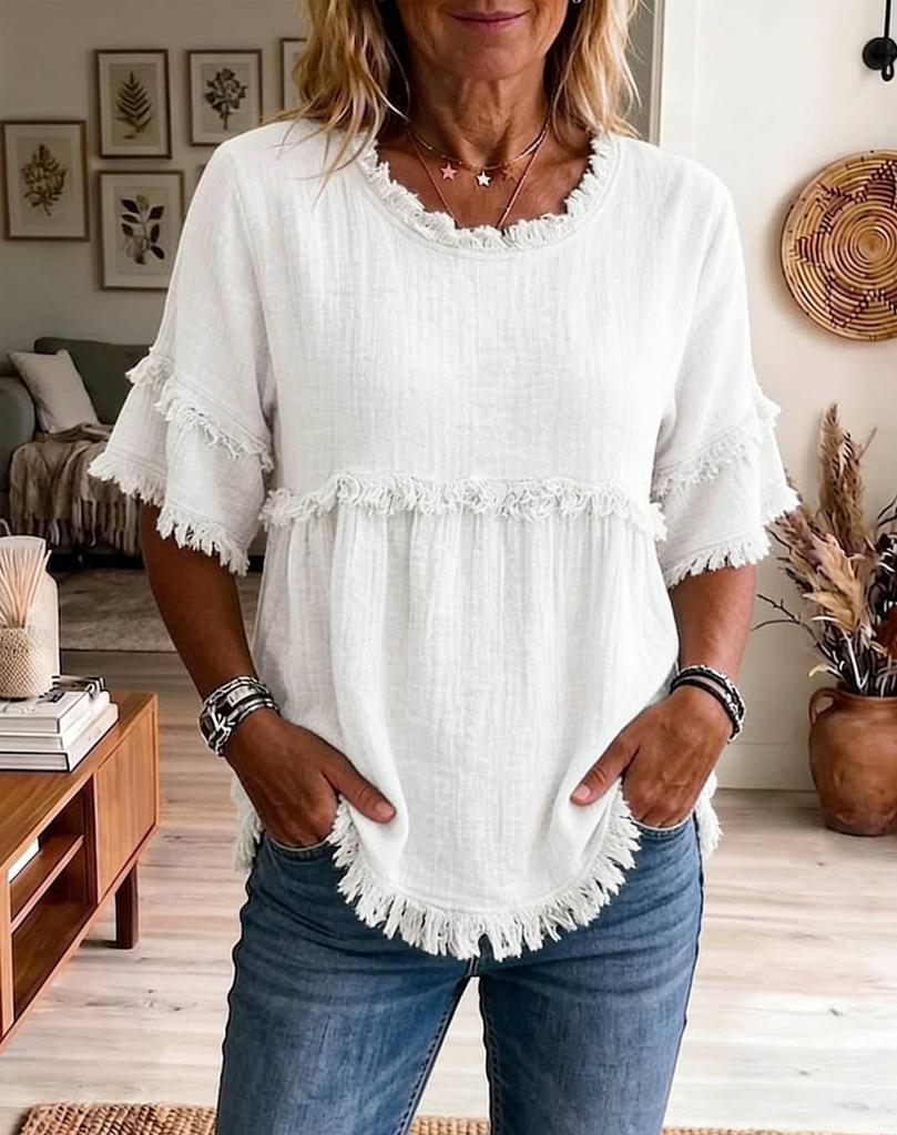 2026 European & American Loose Fit Women's Casual Short Sleeve Round Neck Pullover Top