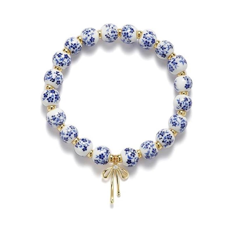 Bow Bracelet Necklace Set 14K Gold Beaded Flower Vintage Stretch Bracelet Dainty Bow Pendant Choker Jewelry Gift for Women Girls