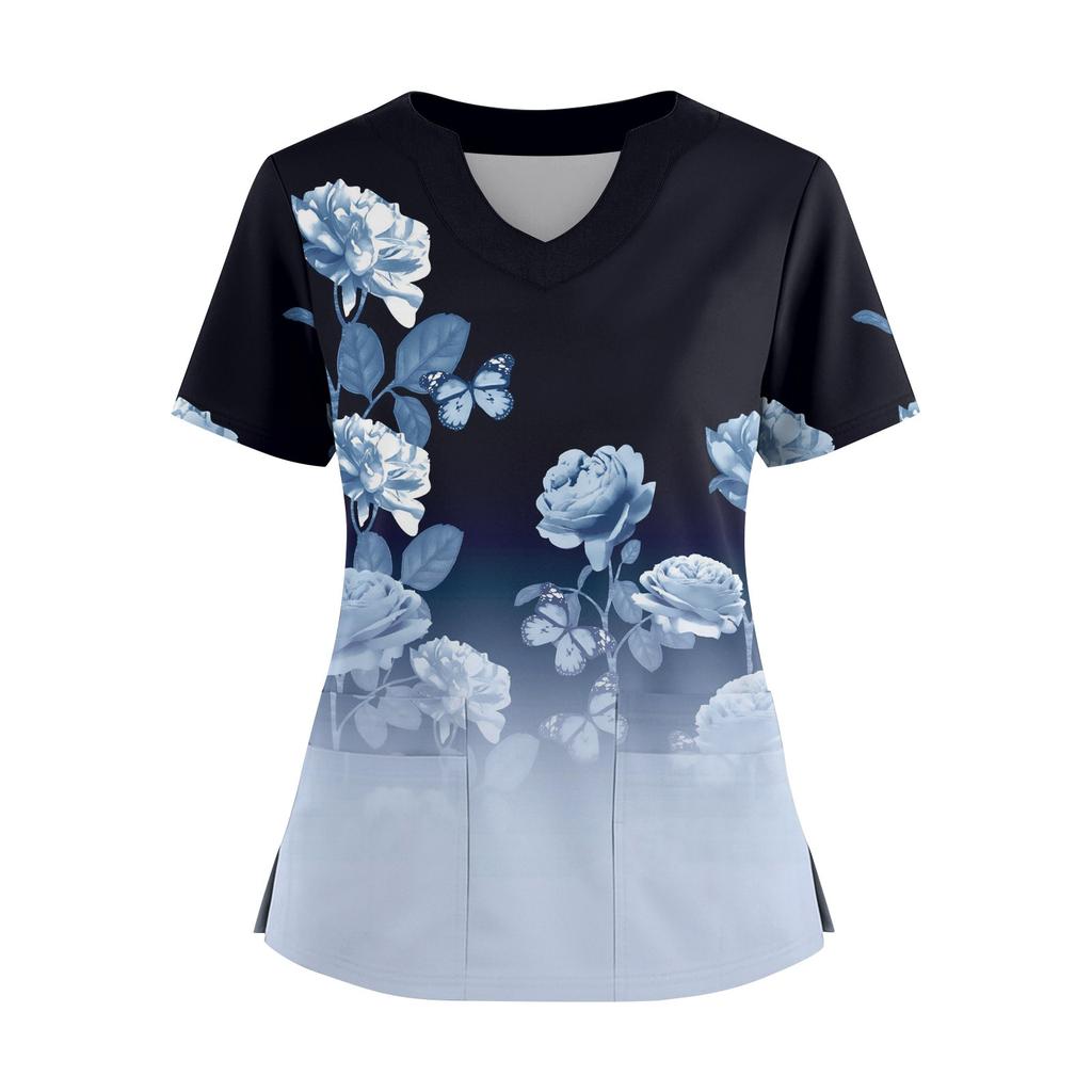Damen locker kurzärmlig modisch geometrischer Druck von Pflanzen und Blumen Druck V-Ausschnitt knopfbar Seitenschlitz Oberteil T-Shirt