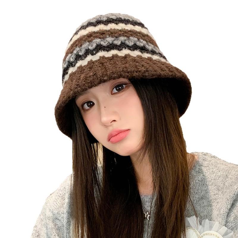 Versatile Color Blocked Knitted Fisherman Hat Korean Outdoor Windproof and Warm Wool Hat Casual Face Showing Small Basin Hat New