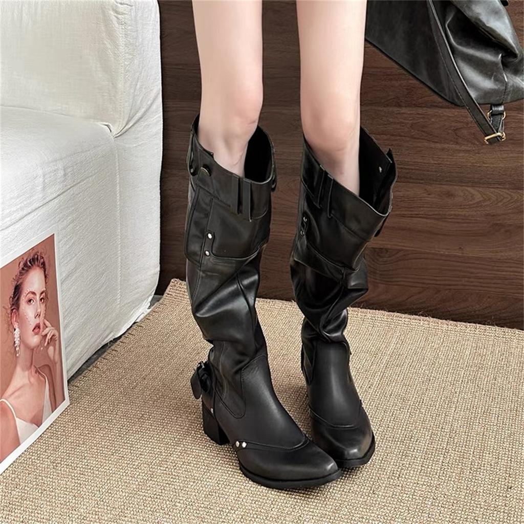 Spice girls big tube circumference boots women's new French high-end pointed thick heel knight stack boots