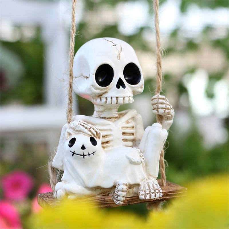Halloween Hanging Decoration Skeleton Kitten Figure Resin Swing Ornament For Door Window Halloween Party Centerpieces