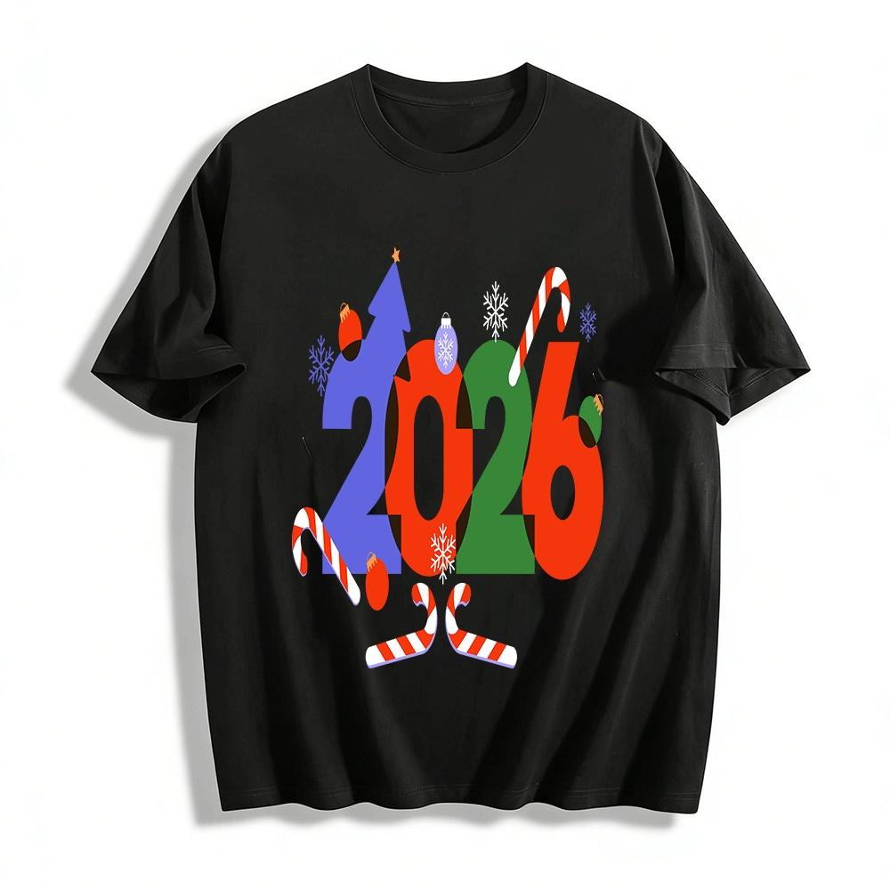 

2026 New Year Themed Print Casual Top Festival Vibe Versatile Long Sleeve Tee Pure cotton T-shirt XXS