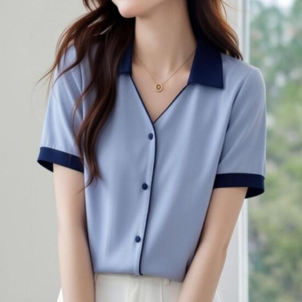 NaVaVa Women S Clean Office Color Block V Neck Collar Short SleeVe Shirt blouSe