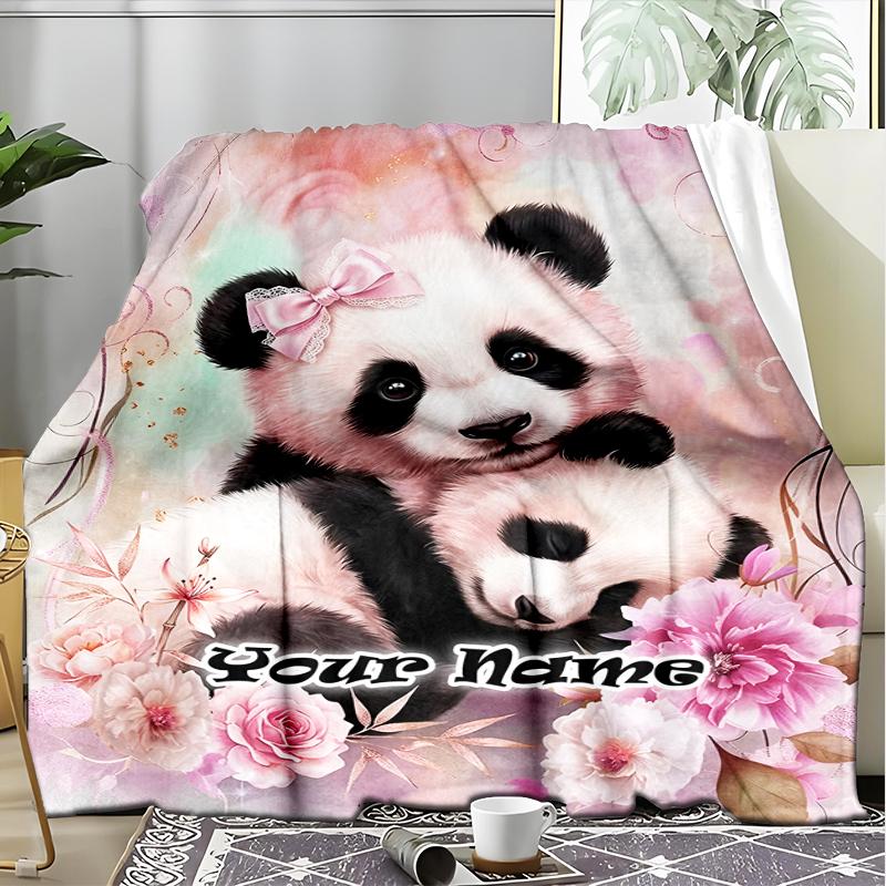 1PC Custom Name Panda Love Flowers Artwork flannel blanket versatile,all-season throw suitable for the living room,bedroom,camping,travel,and gift