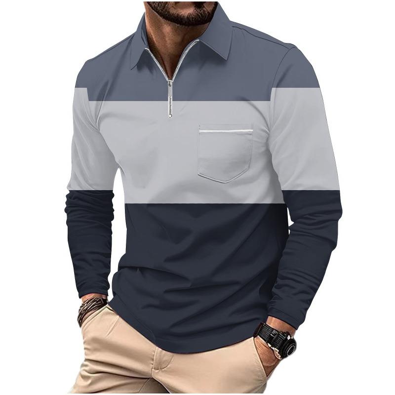 Men's Printed Polo Shirt with Zipper Pocket Sports Long Sleeved Polo Shirt