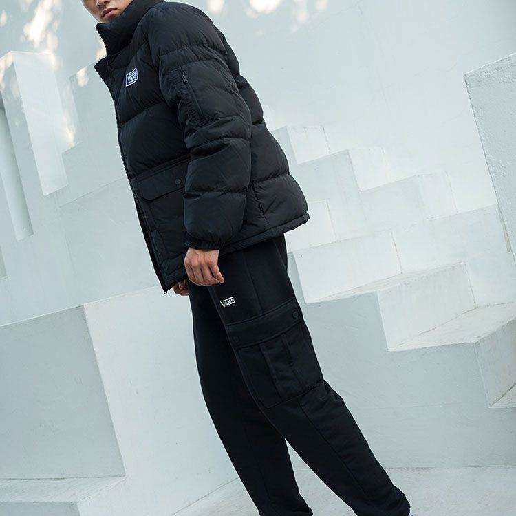 Vans FW22 Solid Color Logo Print Zipper Stand Collar Loose Down Jacket Unisex Outerwear Black VN000913BLK