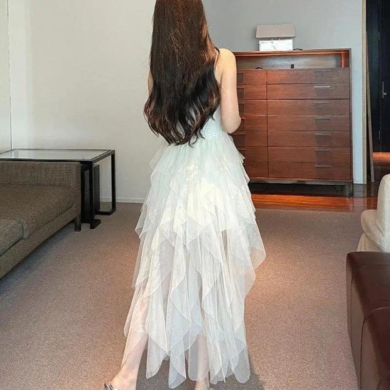 Light luxury high-end birthday dress princess mesh suspender dress long dress irregular skirt