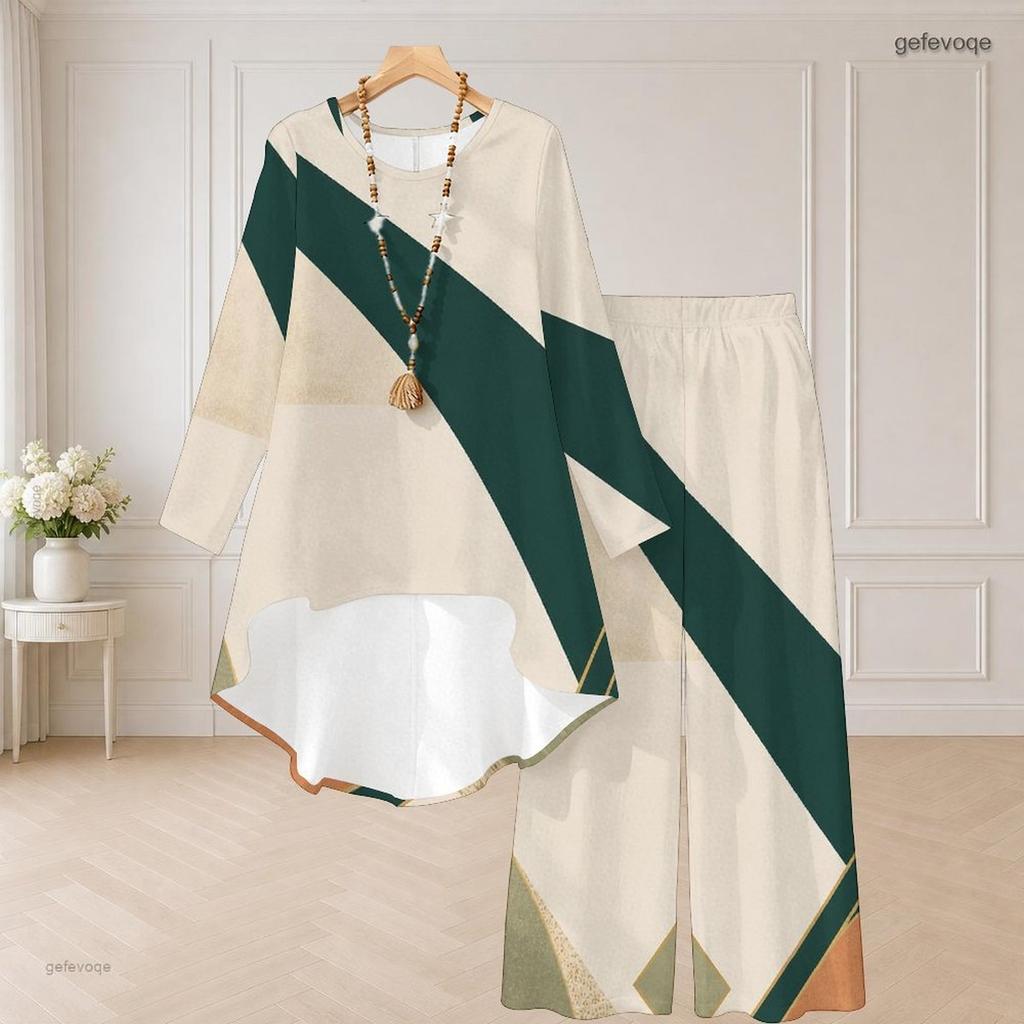 Women Plus Size Round Neck Long Sleeve Printed Navy Blue White High Low Top Wide Leg Pants Two Piece Set