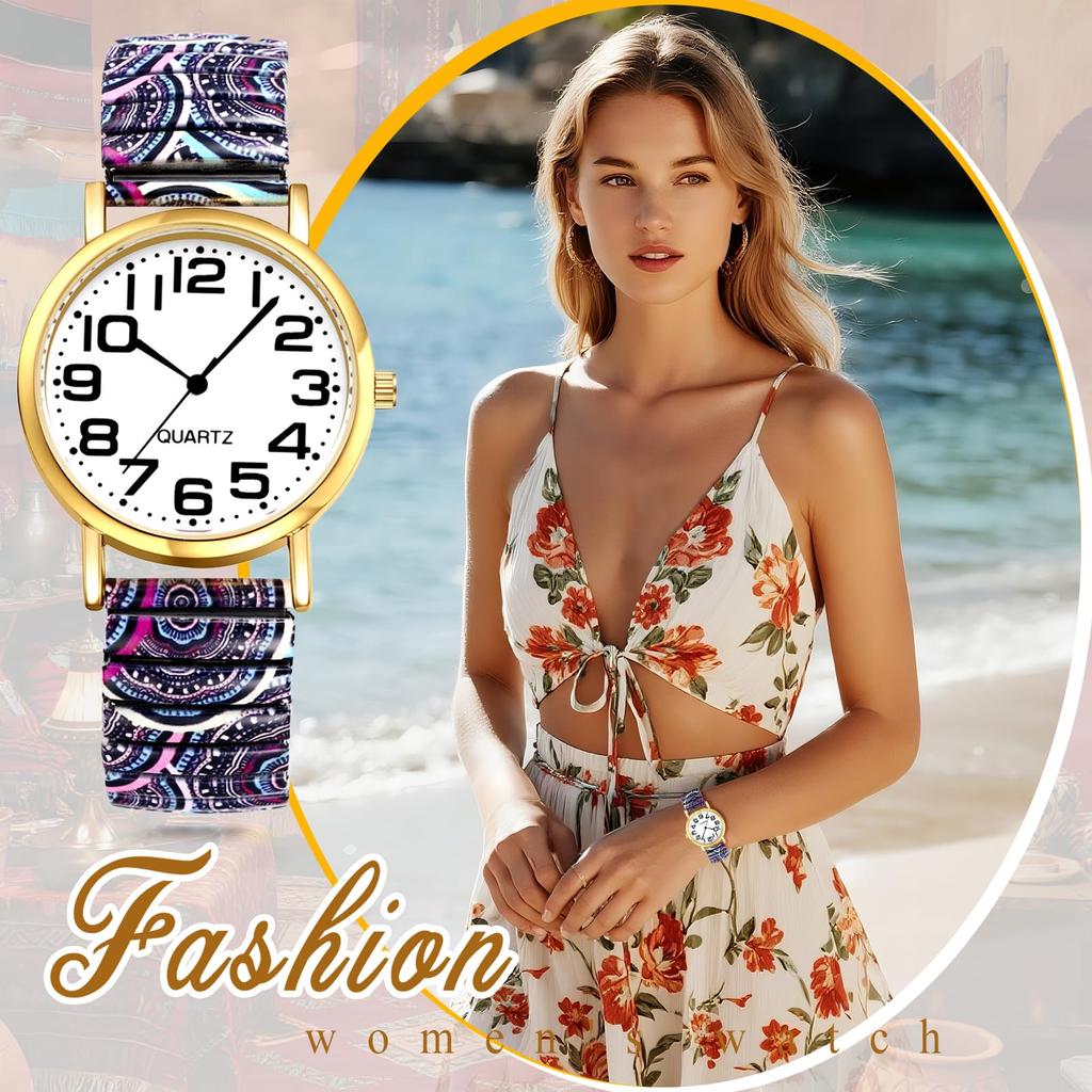 Bohemian Watch with Elastic Strap and Arabic One Size Fits Floral Waterproof Quartz Watch with Stretchable Stainless Steel Analog Colorful Ethnic