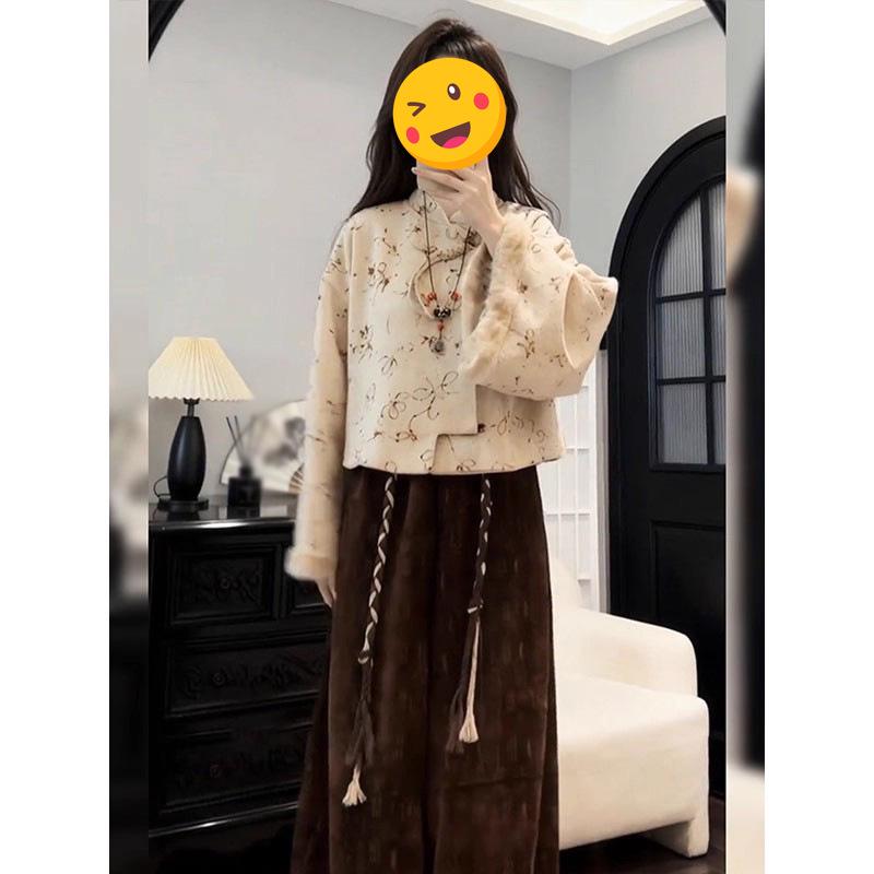 2025 Winter Chinese Fashion Floral Coat with High-Waisted Casual Pants Two-Piece Set