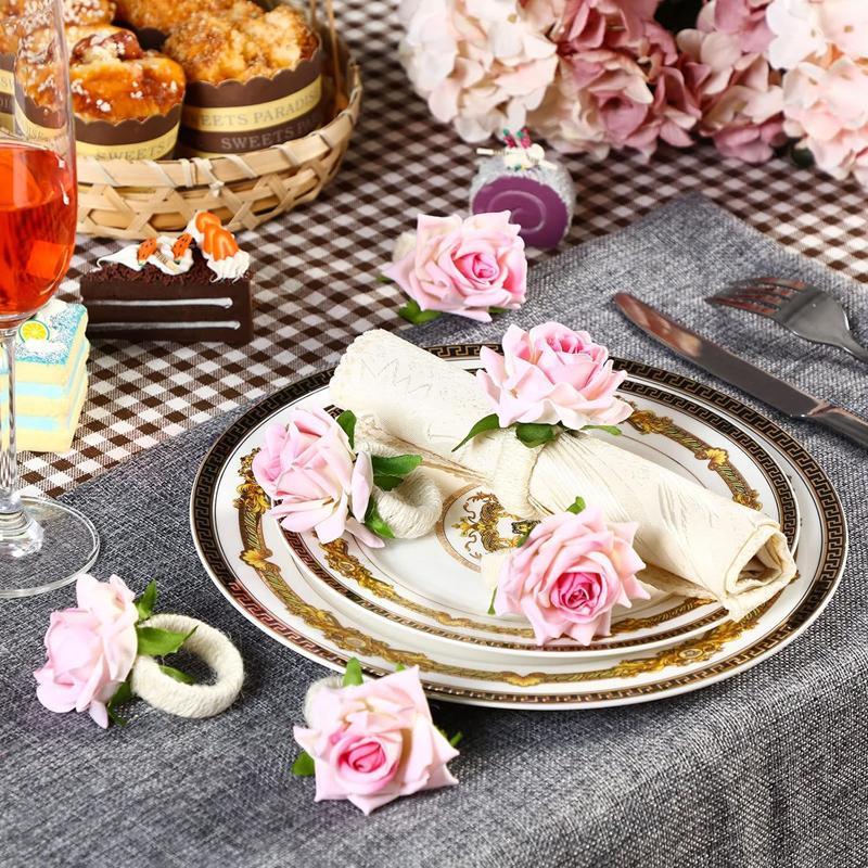 6-2PCS Artificial Flower Napkin Rings Rose Napkin Ring Serviette Buckles Holder Table Decoration Wedding Valentine's Day Party