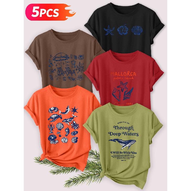 Five-piece set Elegant short-sleeved shirt for women Beach vacation series printed round-neck women's short-sleeve shirt suitable for spring and
