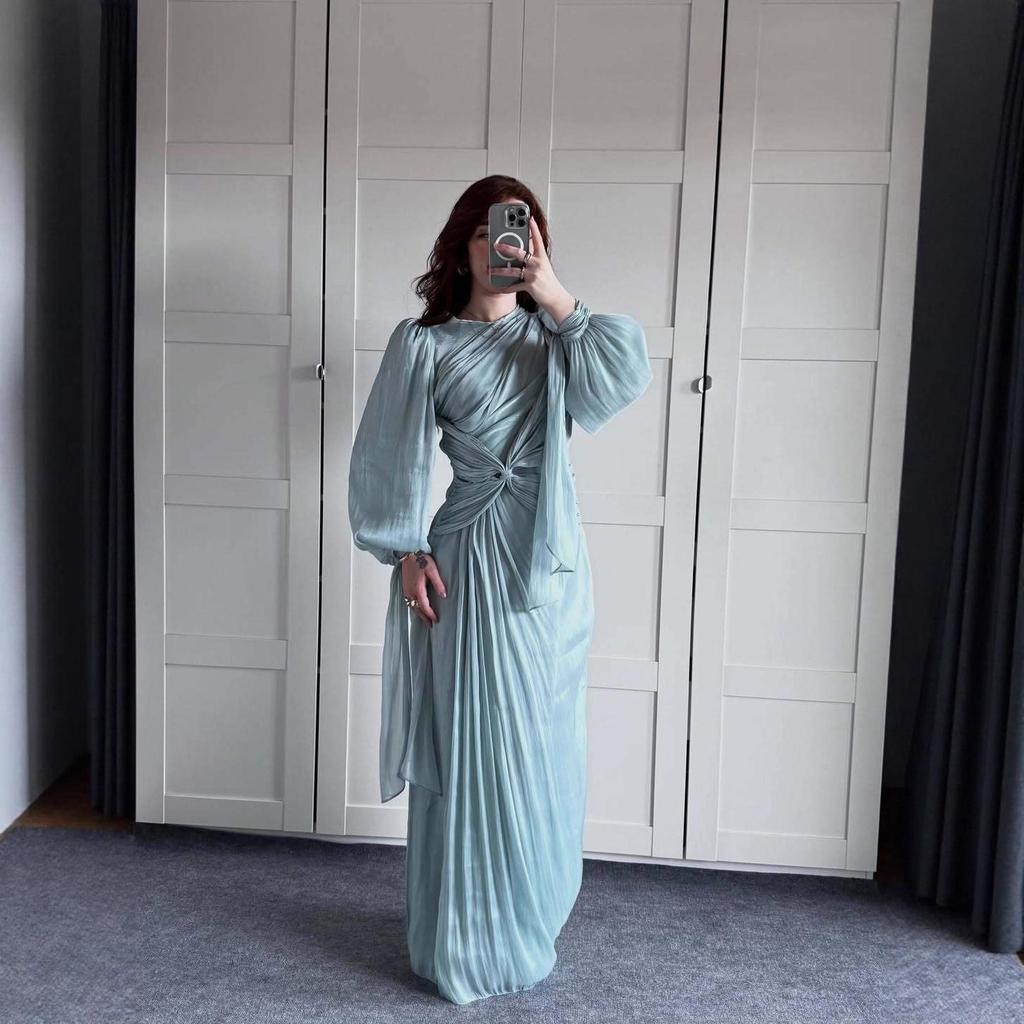 European & American Women's 2025 Summer Satin High-Waist Pleated Tie-Waist Hip-Wrap Dress