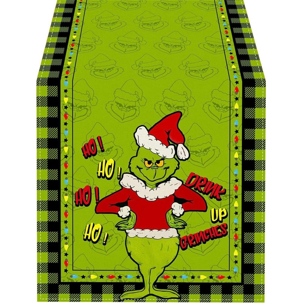 Linen Green Grinch Christmas Table Runner Merry Tablecloth Xmas Holiday Table
