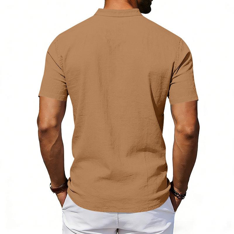 Herren Leinenmischung Hemd mit Mandarin-Kragen Kurzarm, Stehkragen Button-Down mit Brusttasche, Atmungsaktives Lässiges Sommer Oberteil mit Entspannter Passform für den Alltag