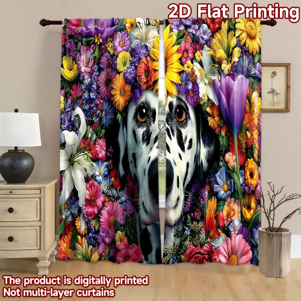 2D flat printing 2pcs Window Curtains Dalmatian Dog Flower Crown Digital Printed Polyester Drapes Family Party Perfect for Room