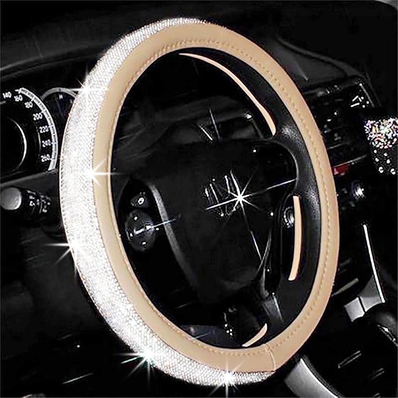 Black Leather Bling Diamond Steering Wheel Cover For Women Universal Fit 14.5In-15In