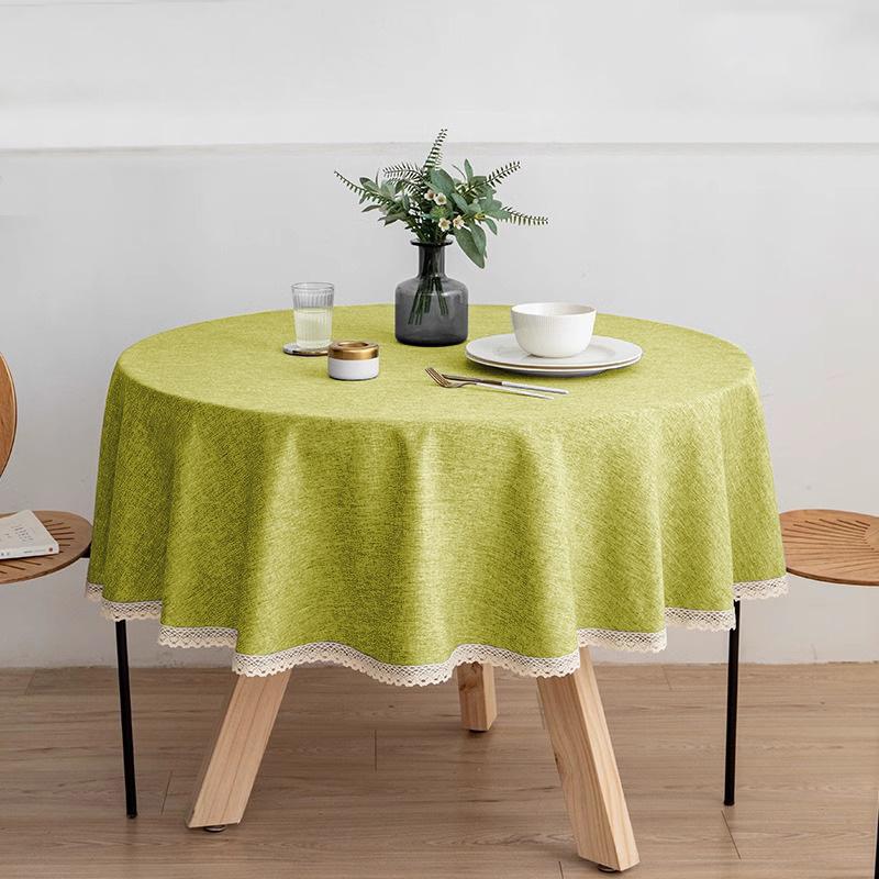 Round Faux Linen Tablecloth With Lace Trim Waterproof Oil And Stain Resistant For Banquets And Parties