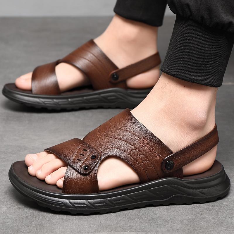 Casual Sandals for Men Summer Super Fiber Leather Casual Beach Shoes with Latex Pads for Outer Wear, Non Slip Middle Aged
