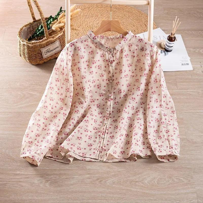 

Womens Floral Print Stand Collar Long Sleeve Blouse XL розовый