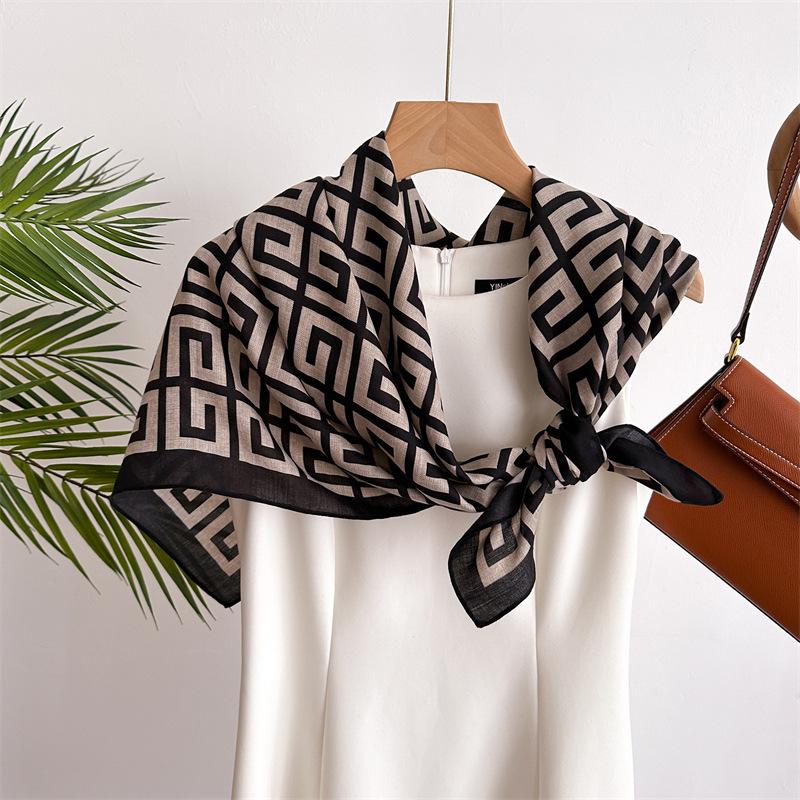 Korean Version of Sunscreen Beach Towel 91 Imitation Silk Large Square Scarf Shawl Commuting Versatile Printed Herringbone Scarf Headscarf Women
