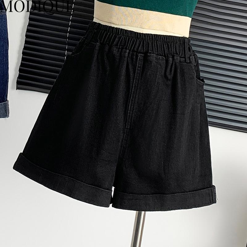 

MODIQUE, летние женские свободные свободные шорты больших размеров, эластичные джинсовые шорты трапециевидной формы с широкими штанинами, шорты, женские повседневные темно-синие короткие брюки S чёрный