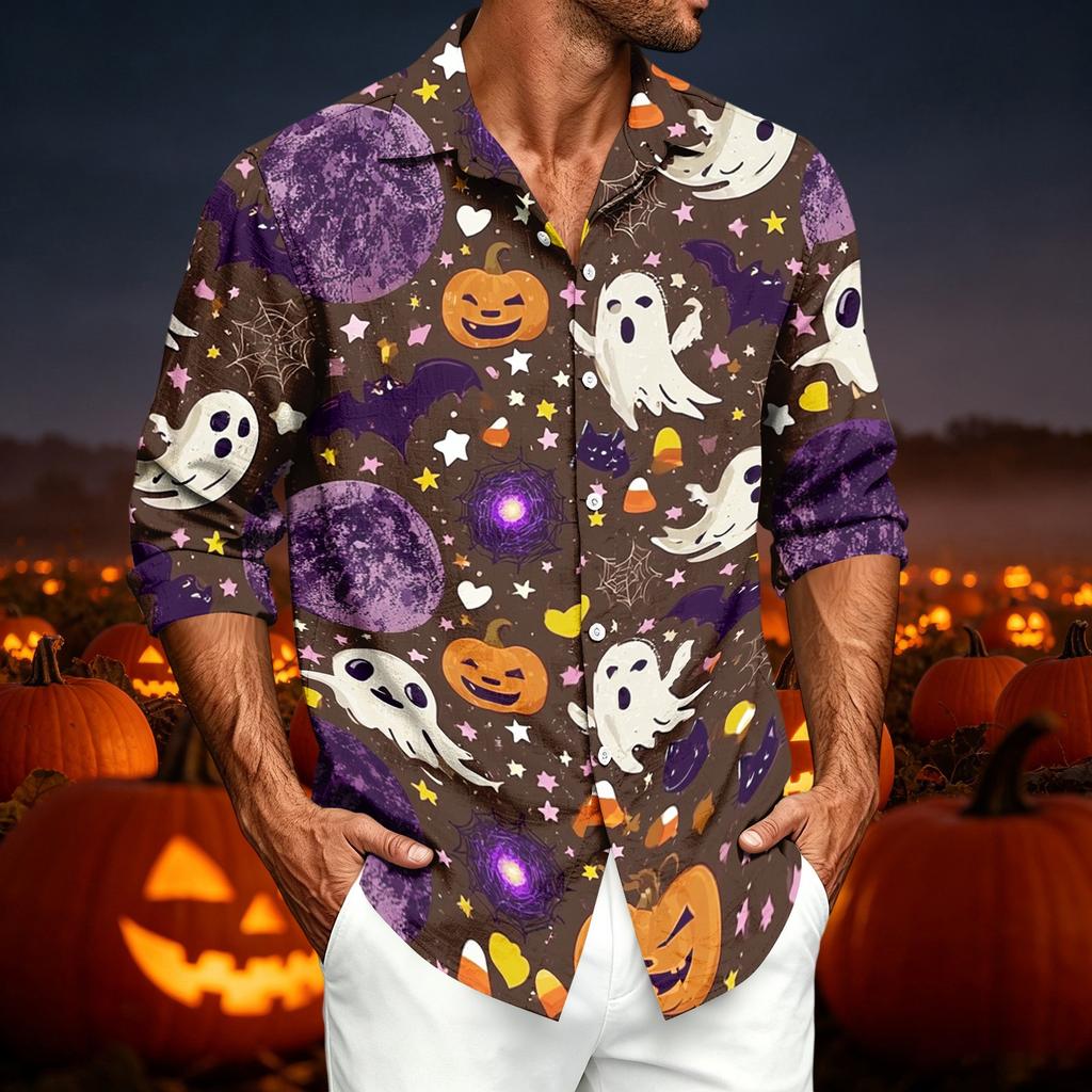 Men's Casual Long Sleeve Shirt with Halloween Print for Spring Fall