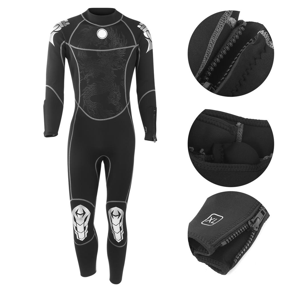 3mm Diving Suit Wetsuit Jumpsuit Long Sleeve Sunscreen Back Zipper Dragon Pattern XL Size