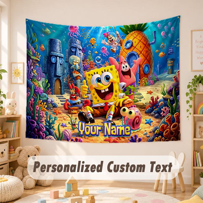 Custom Name Text Tapestry,SpongeBob Boho Wall Hanging, Decorative Backdrop Tapestry For Room