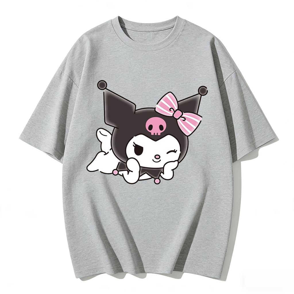 Summer Cute Winking Kuromi Print Tshirt Casual Short Sleeved Tees for Mom and Daughter Fashion Parentchild Clothing Set Tops
