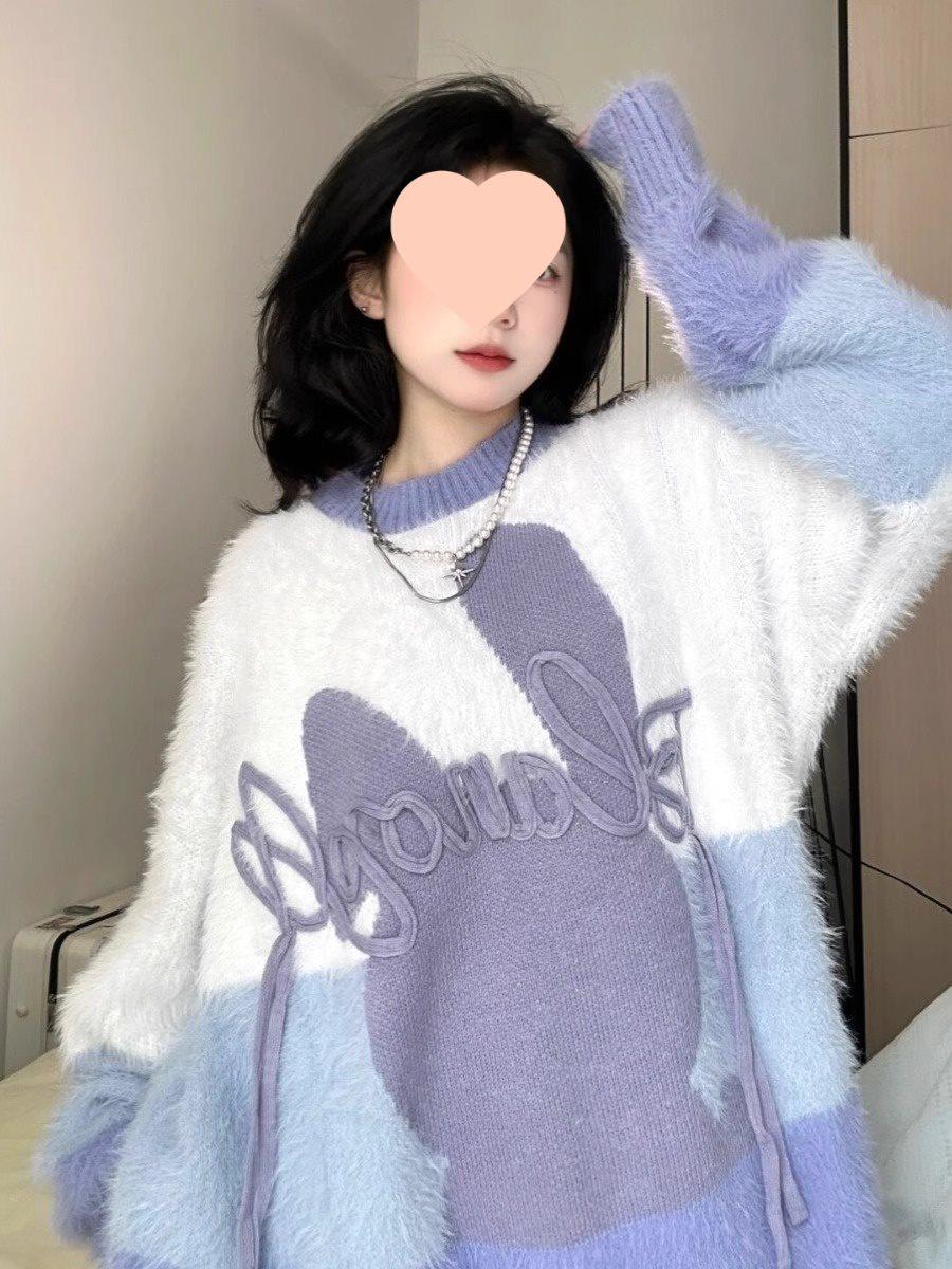 

Пушистый мохеровый свитер с кроликом в стиле колор-блок для женщин - Уютный, свободный и мягкий вязаный топ для осени и зимы XL (120-130 jin)