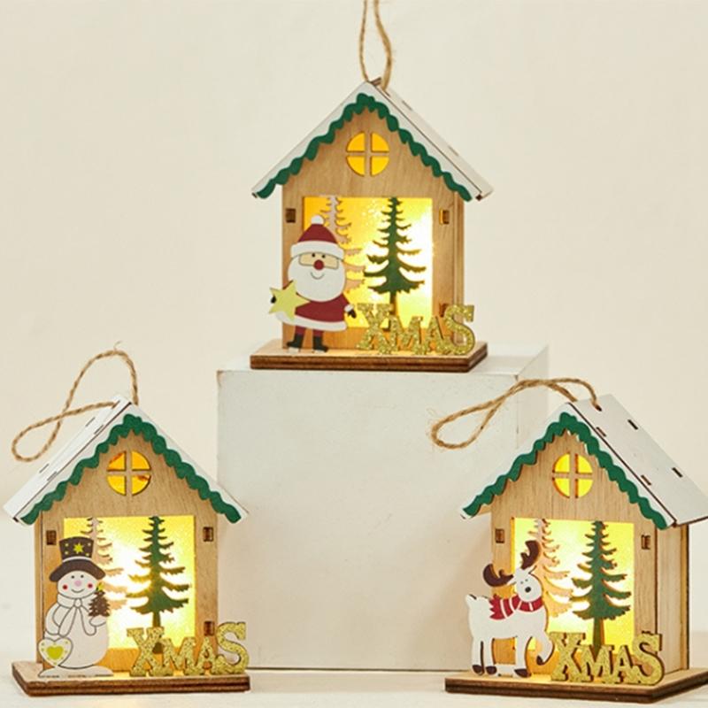 Wooden Christmas House Ornament Battery Power LED Lights Safe Flameless Decoration For Home Christmas Tree Party Crafts