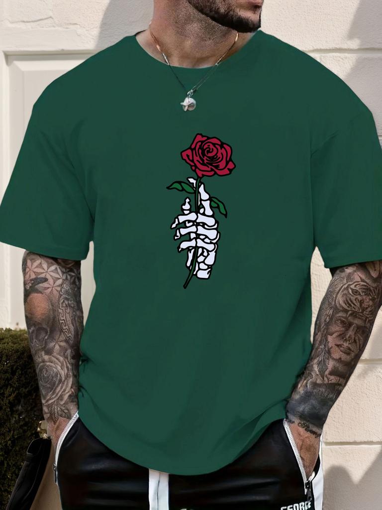 2025 Summer Essential Mens Tee Edgy Artistic Vintage Inspired Goth Skeleton Hand Rose Print 100 Cotton Short Sleeve Casual Top