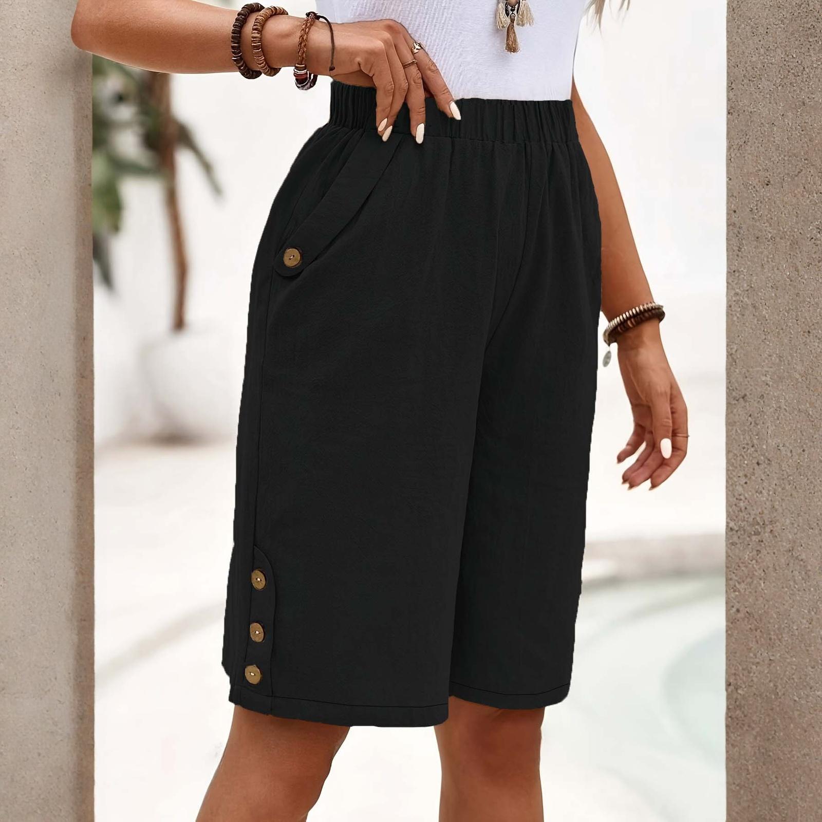 Women s Fashionable Casual Button Pocket Five-point Straight Leg Pants L чёрный